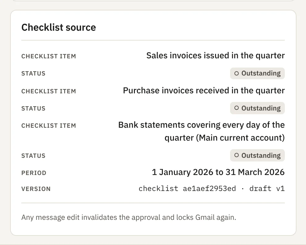 Screenshot of a chase draft's checklist source in the demo: each outstanding item with its status, the period and the checklist version.
